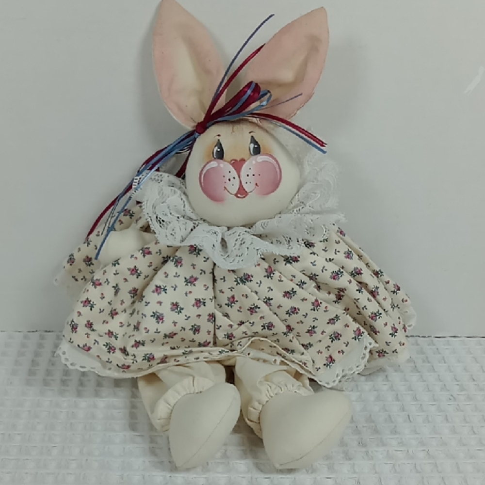 Vintage Handcrafted Floral Muslin Bunny Doll With Lace Trim Signed Barbara '90